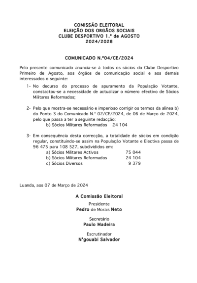 COMUNICADO N° 4/CE/2024  COMISSÃO ELEITORAL DOS ÓRGÃOS SOCIAIS DO CLUBE DESPORTIVO 1° DE AGOSTO(2024/2028)
